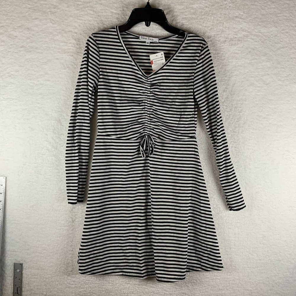 Velvet Torch A-Line Dress Womens‎ Medium Striped Ruched Front Skater V-Neck 6534